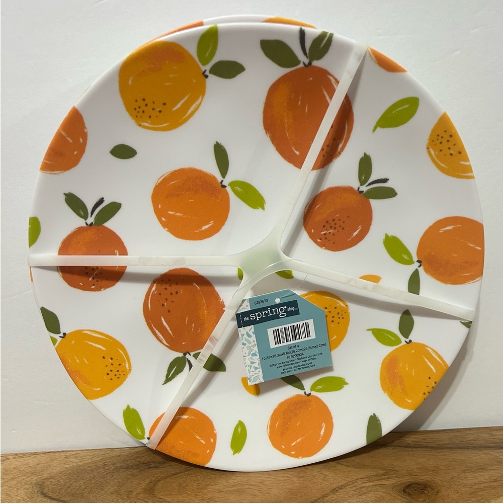 Hobby Lobby Set of 4 Melamine Dessert Plates Orange Fruit Print 8.6” NEW